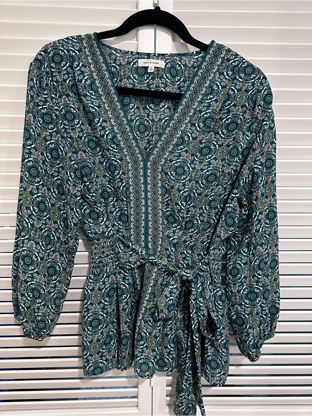 Max Studio Teal Floral Medallion V-Neck Blouse